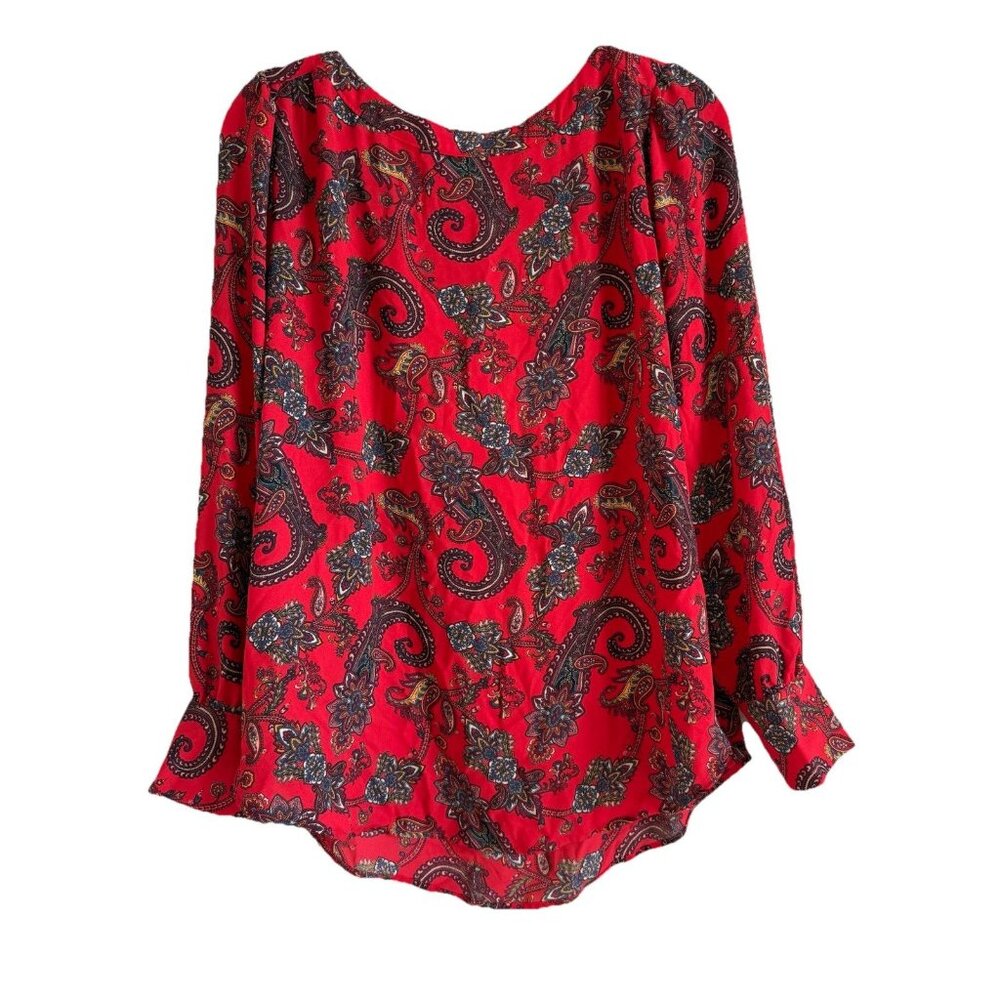 Ann Taylor Loft Plus Top Womens Large Red Paisley Long Sleeve Boat Neck Artsy